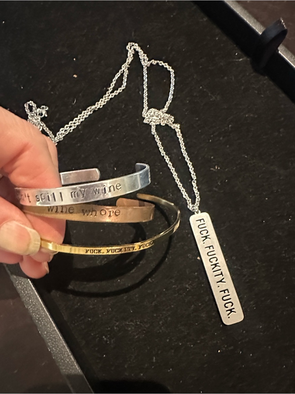 Adult necklace and cuffs (cuss words)